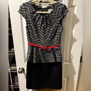 Elegant Peplum Black and White Midi Dress with Red Belt